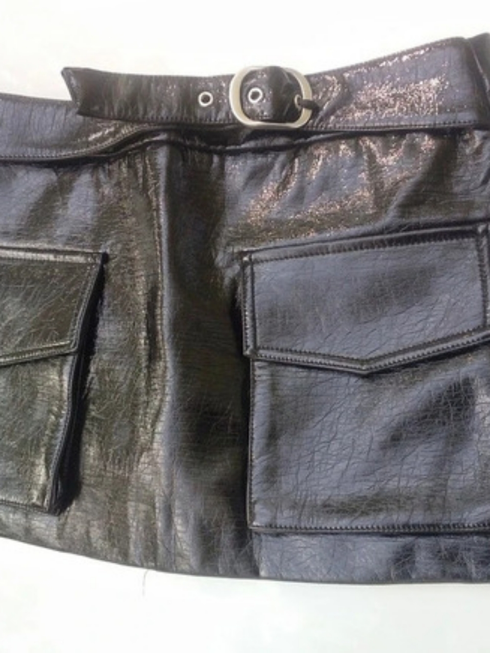 Ann Andelman Cargo Pocket Belted Short Leather Skirt Black